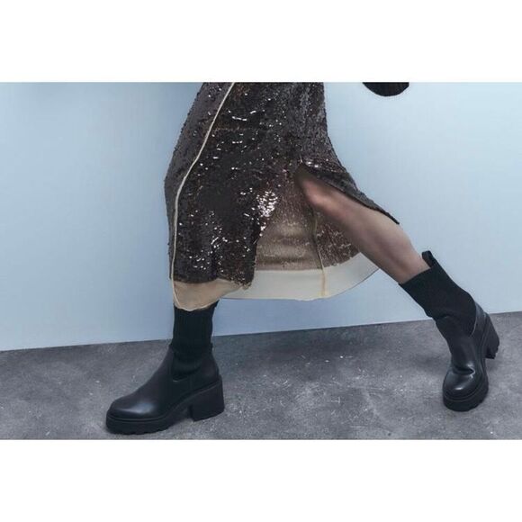 Zara Women’s Black Ribbed Sock Ankle Boots With Track Sole - Picture 13 of 13